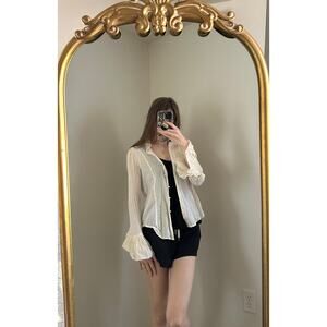 Vintage Y2K 90s Peck & Peck Cream Off White Pearl Button Long Sleeve Blouse